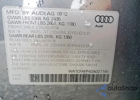 2013 Audi Q5 Premium из США, поврежденный, VIN WA1CFAFP4DA021160